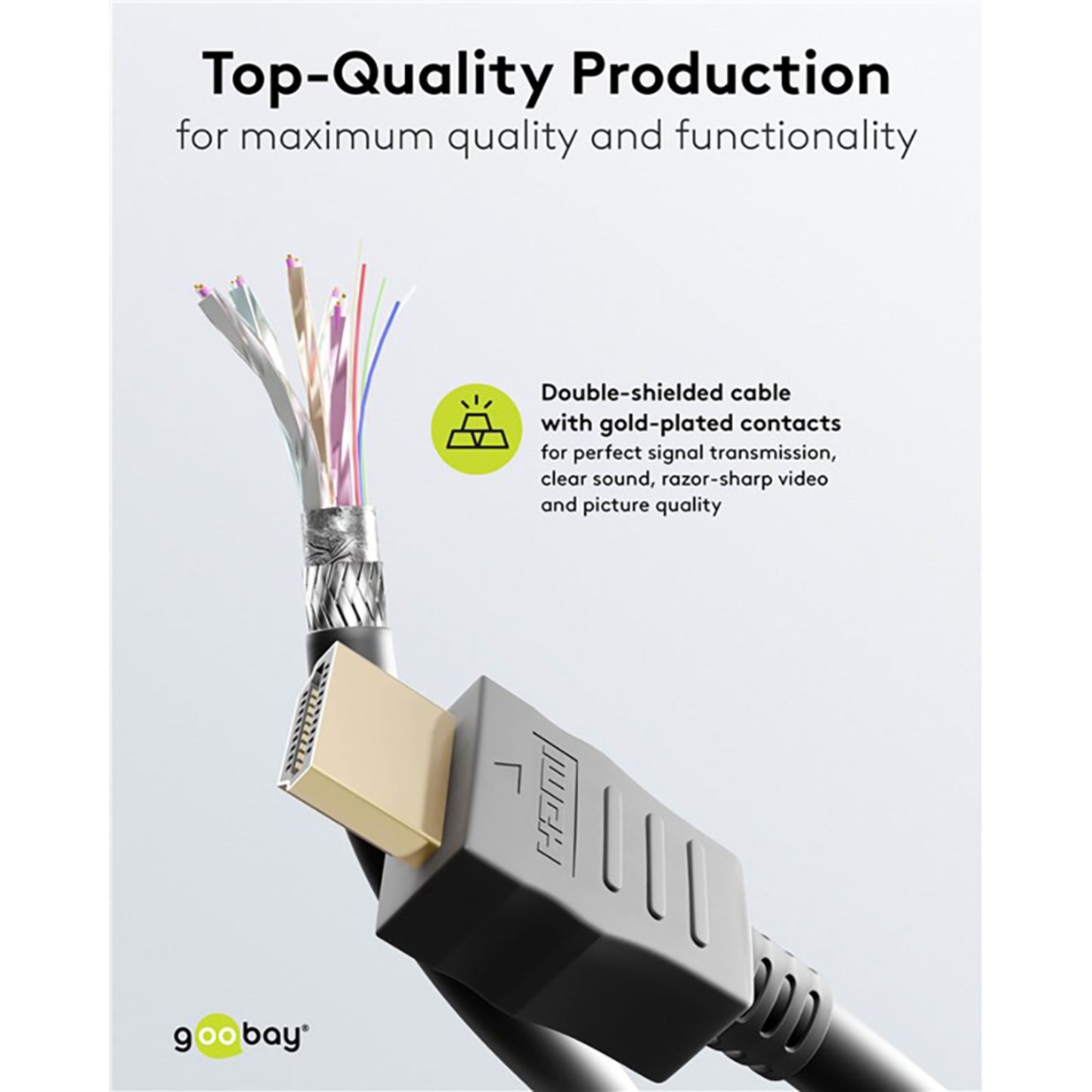 Goobay HDMI-forlængerkabel 4K/60 Hz 3 m, dobbeltskærmet med guldbelagte stik og synlige farvede ledninger.
