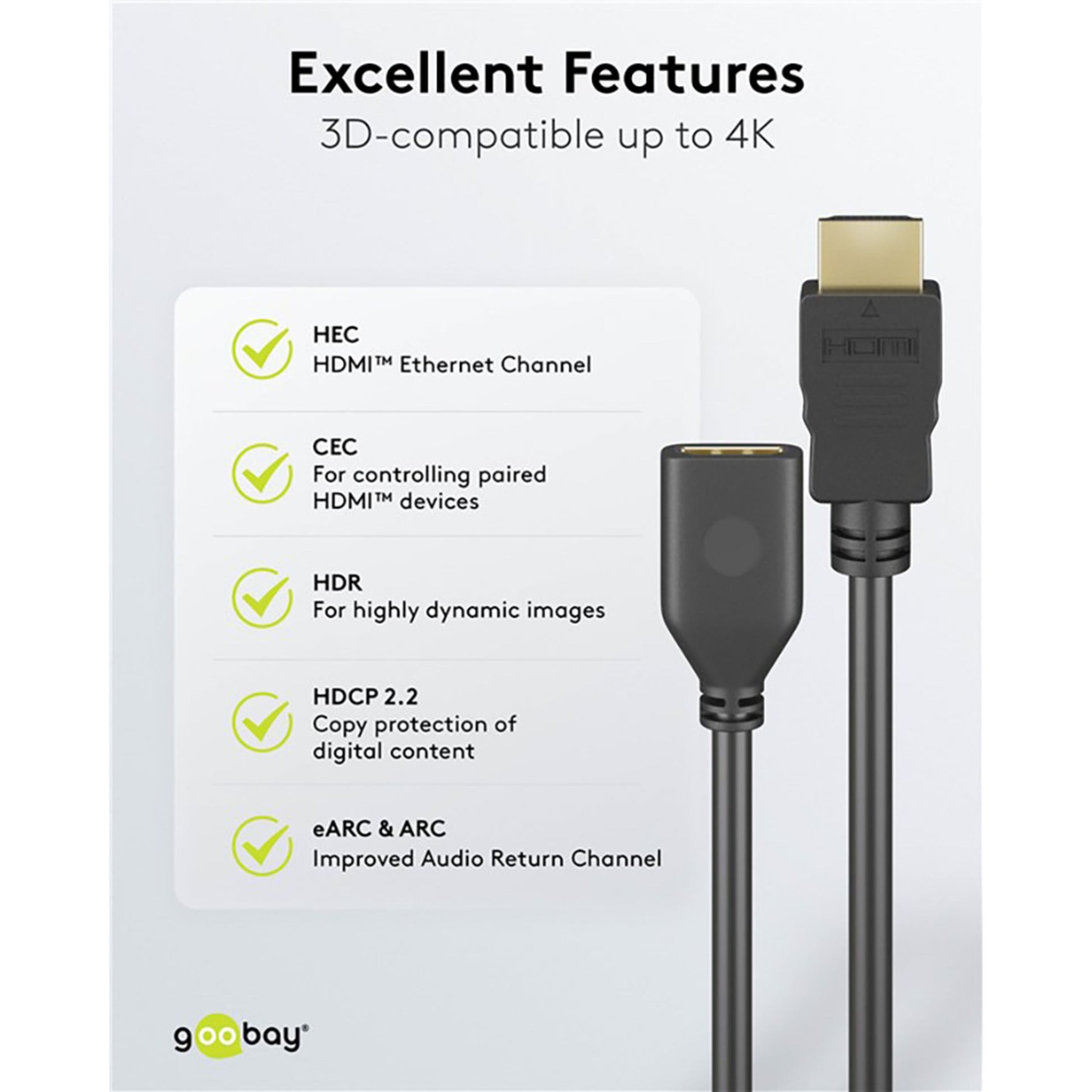 Goobay HDMI-forlængerkabel 4K/60 Hz 3 m med HEC, CEC, HDR, HDCP 2.2, eARC/ARC, 3D og fuld 4K-understøttelse.