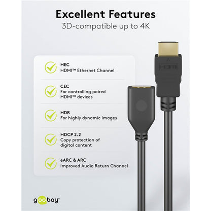 Goobay HDMI-forlængerkabel 4K/60 Hz 3 m med HEC, CEC, HDR, HDCP 2.2, eARC/ARC, 3D og fuld 4K-understøttelse.