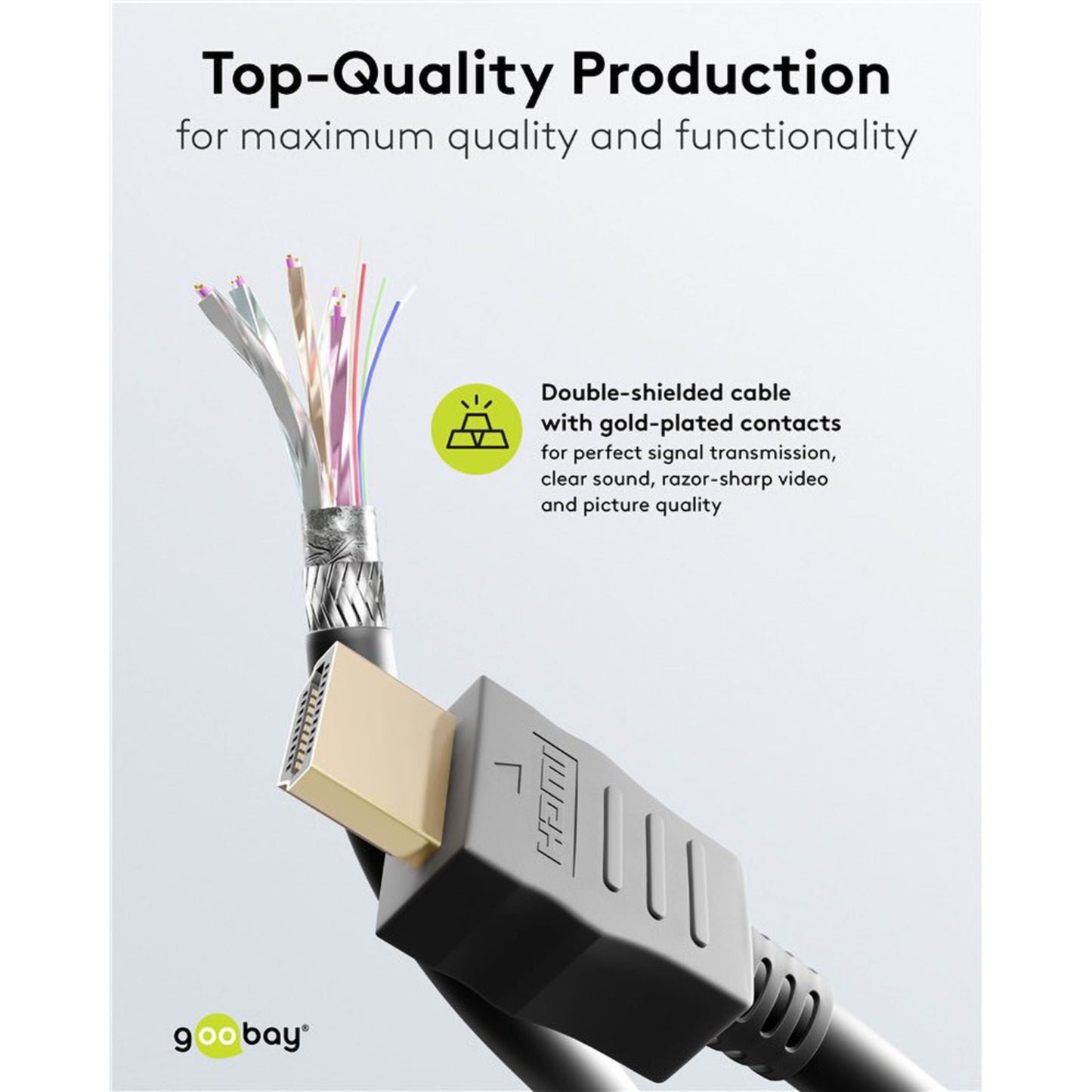 Goobay HDMI-forlængerledning 5 m 4K/60 Hz dobbeltskærmet, Goobay-logo og teksten "Top-Quality Production.