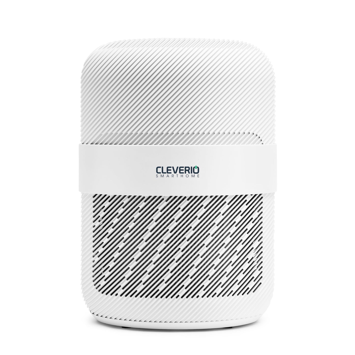 Cleverio luftrenser hvid, cylindrisk med HEPA-filter, diagonale ventilationsgitre og rillet top.