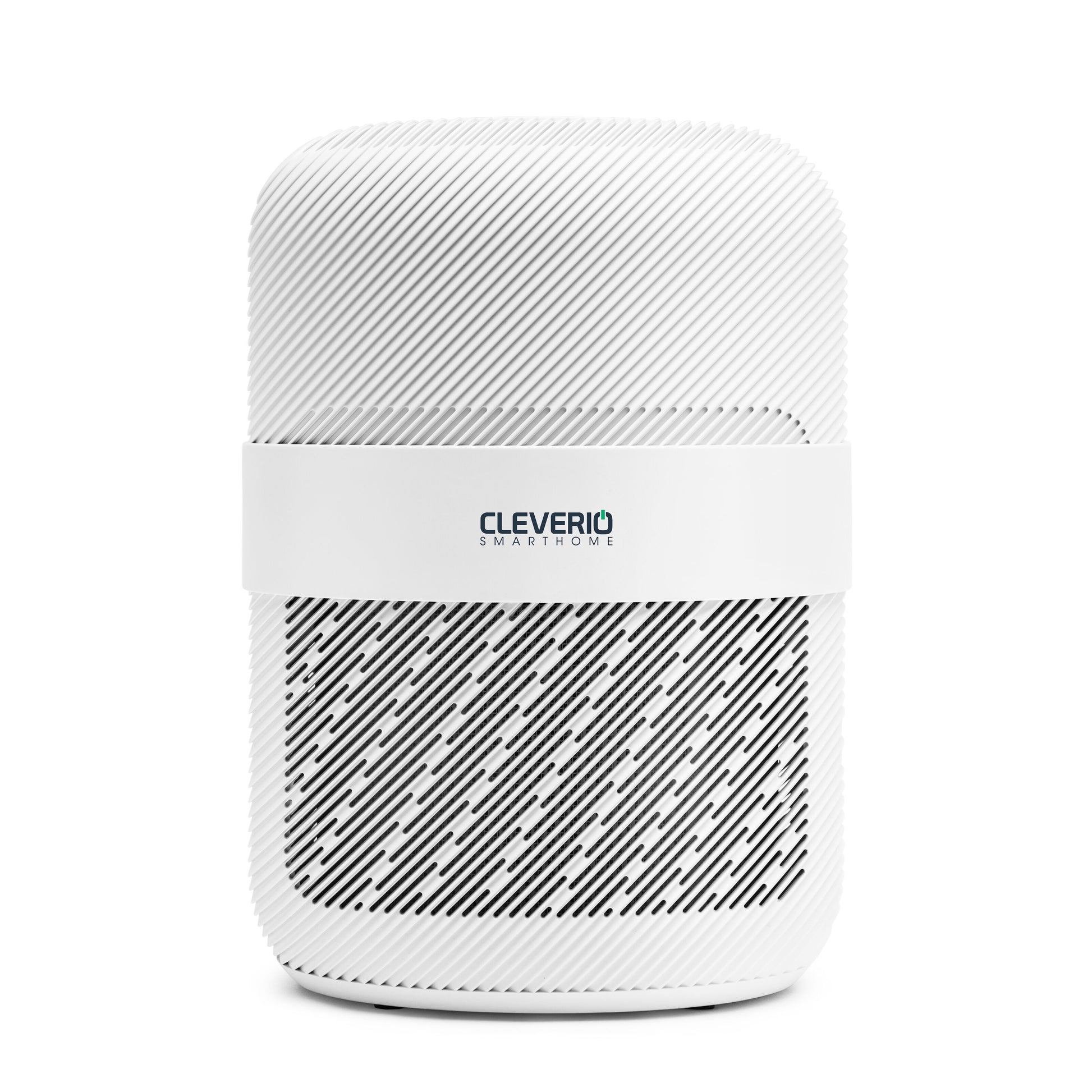 Cleverio luftrenser hvid, cylindrisk med HEPA-filter, diagonale ventilationsgitre og rillet top.