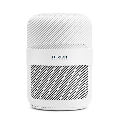 Cleverio luftrenser hvid, cylindrisk med HEPA-filter, diagonale ventilationsgitre og rillet top.