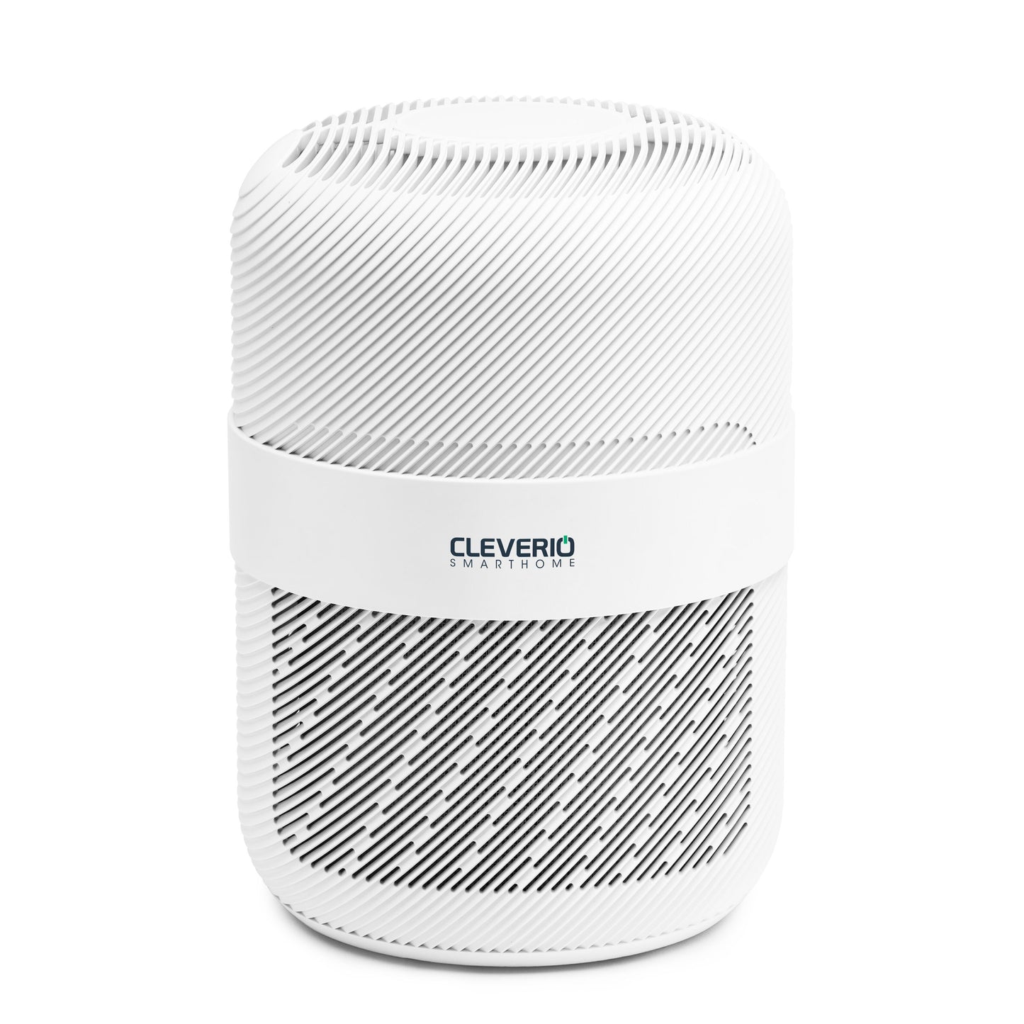 Cleverio luftrenser, hvid cylinder med ribbet overflade, diagonalt luftindtag, HEPA-filter, tekst "CLEVERIO SMART HOME.