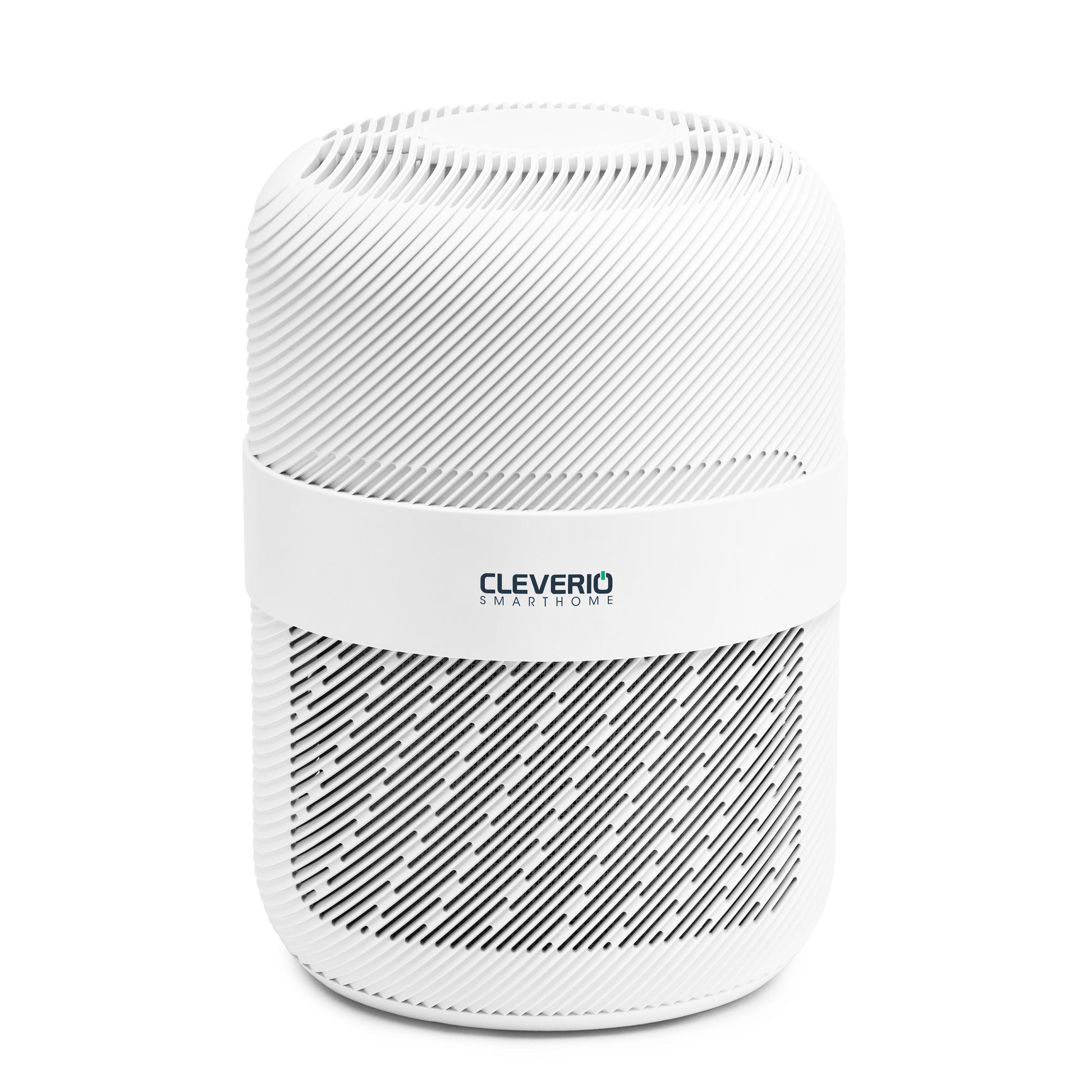 Cleverio luftrenser, hvid cylinder med ribbet overflade, diagonalt luftindtag, HEPA-filter, tekst "CLEVERIO SMART HOME.