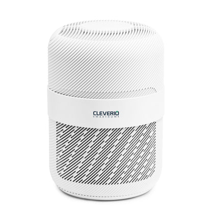 Cleverio luftrenser, hvid cylinder med ribbet overflade, diagonalt luftindtag, HEPA-filter, tekst "CLEVERIO SMART HOME.