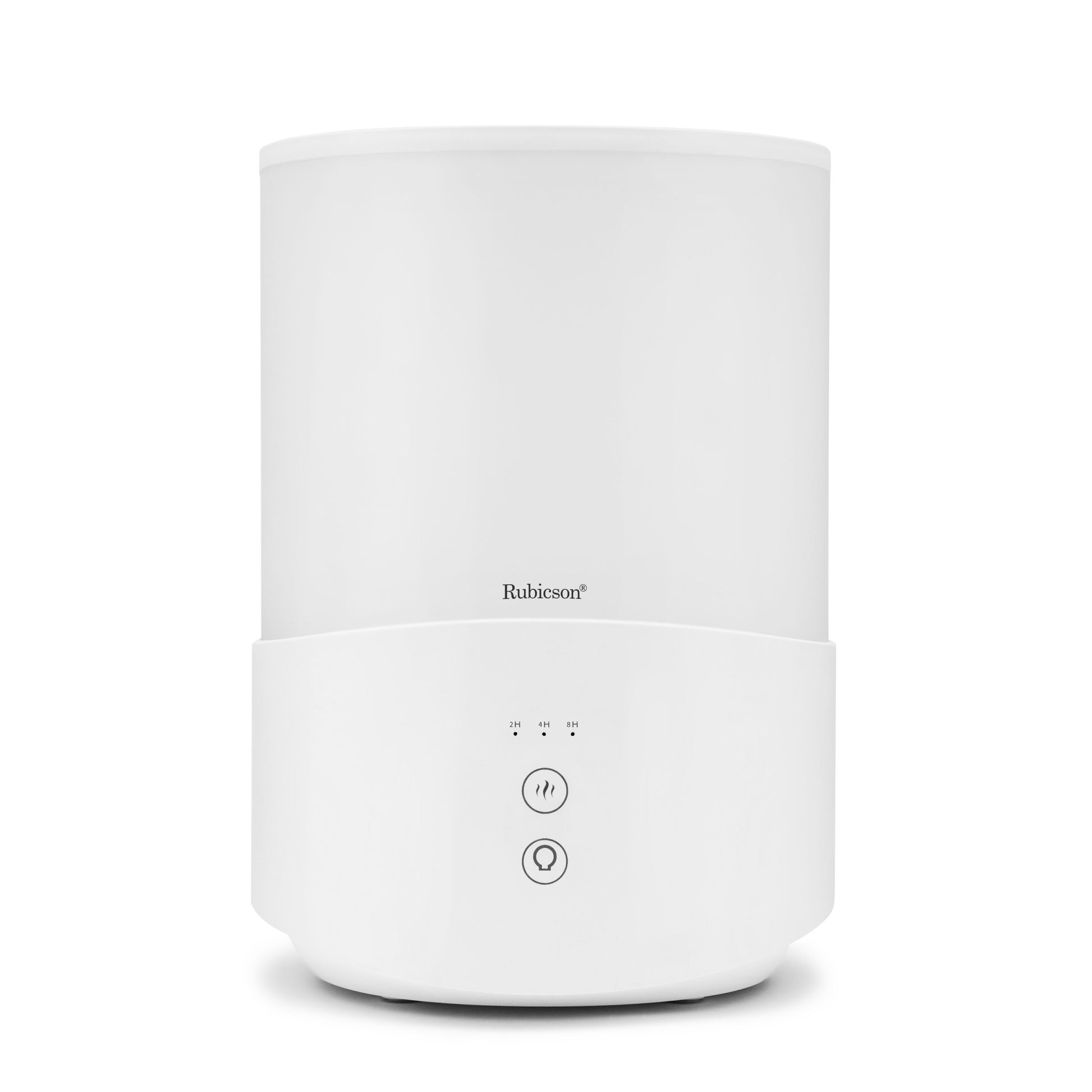 Rubicson luftfugter 2,5 L hvid cylindrisk model med ultralyd, én knap og tre frontindikatorer.