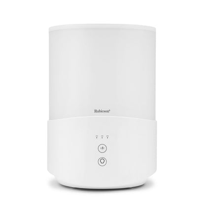 Rubicson luftfugter 2,5 L hvid cylindrisk model med ultralyd, én knap og tre frontindikatorer.