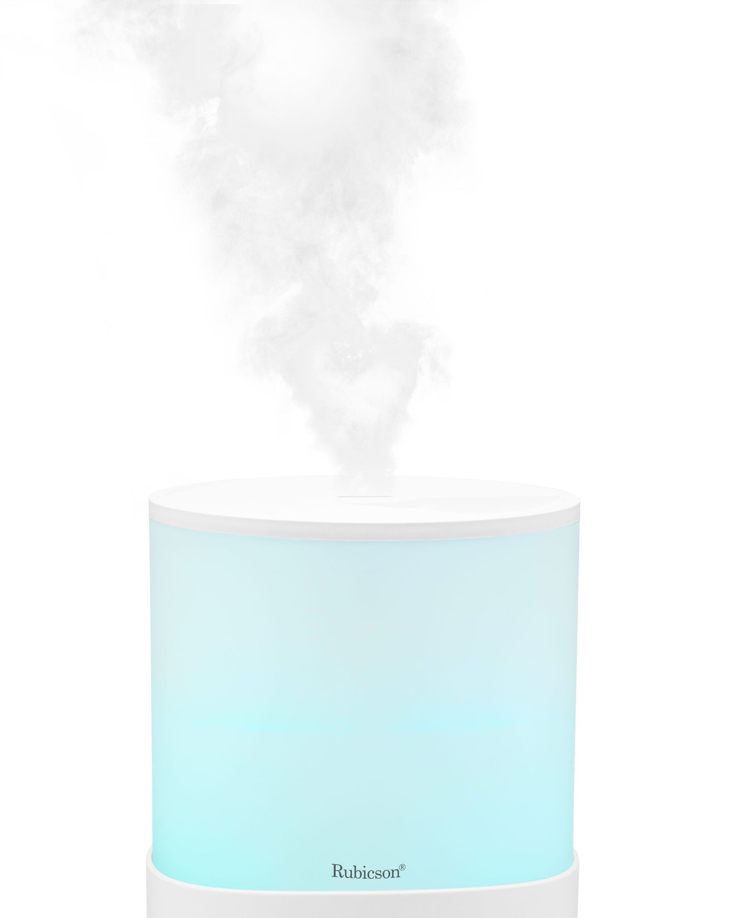 Rubicson luftfugter 2,5 L hvid cylinder med timer, blå stemningsbelysning, synlig damp og Rubicson-logo ved basen.