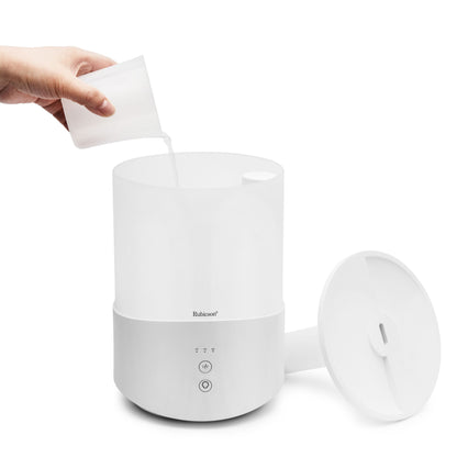 Rubicson luftfugter 2,5 L med timer, stemningsbelysning, ultralydsteknologi og betjeningsknapper foran.