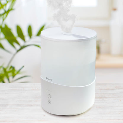 Rubicson luftfugter med timer og stemningsbelysning 2,5 L på lys træoverflade, grøn plante i baggrunden.