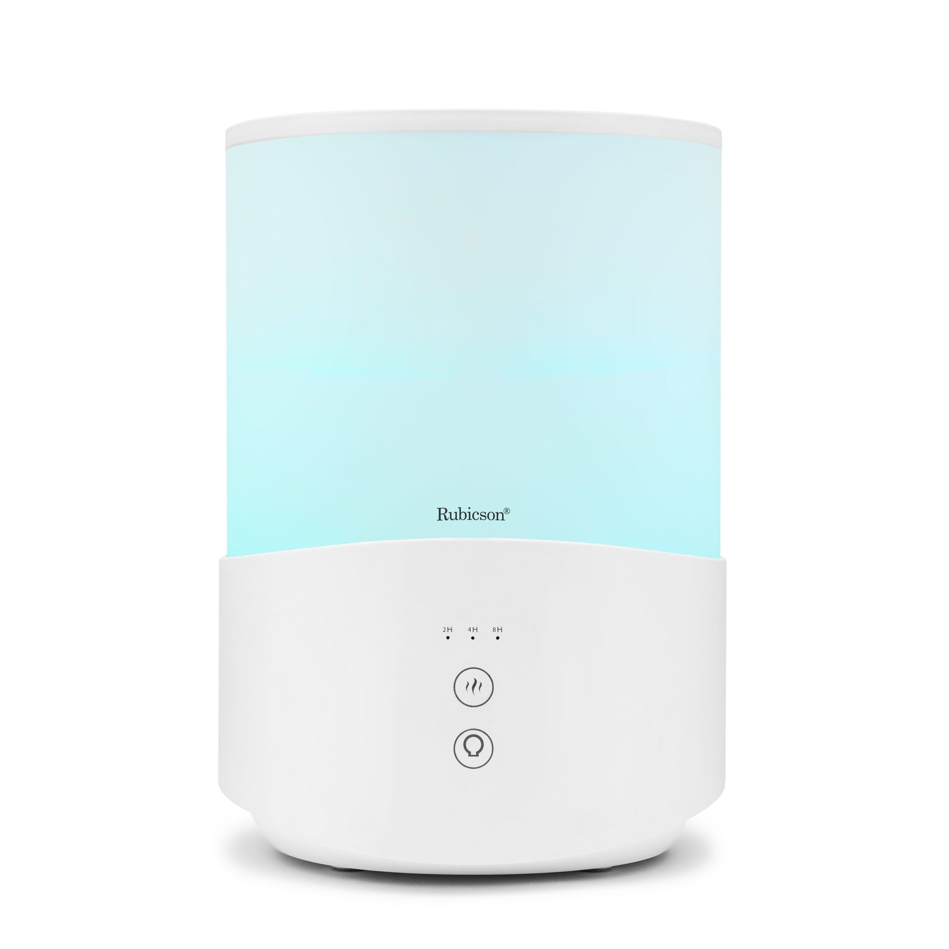 Rubicson luftfugter hvid 2,5 L med timer, stemningsbelysning, to knapper og Rubicson-logo på fronten.