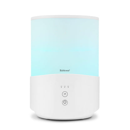 Rubicson luftfugter hvid 2,5 L med timer, stemningsbelysning, to knapper og Rubicson-logo på fronten.