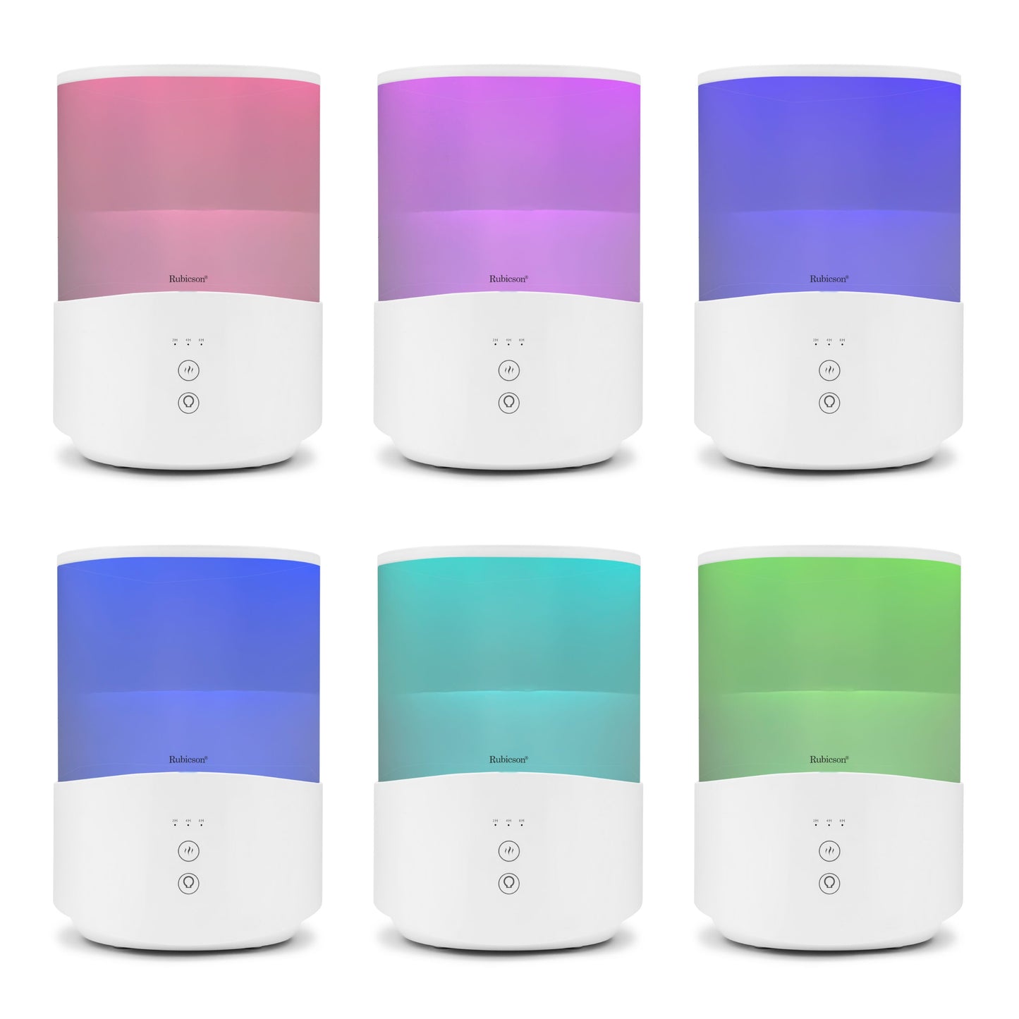 Luftfugter med timer og stemningsbelysning 2,5 L, seks stk. med lyseffekter i pink, lilla, blå, turkis, teal og grøn.