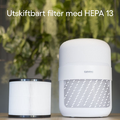 Cleverio Luftrenserfilter HEPA 13 hvid ved luftrenser, tekst: Utskiftbart filter med HEPA 13.