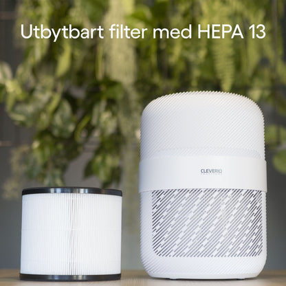 Cleverio luftrenserfilter HEPA 13 til luftrenser ses ved siden af enheden, udskifteligt filtertype angivet på emballagen.
