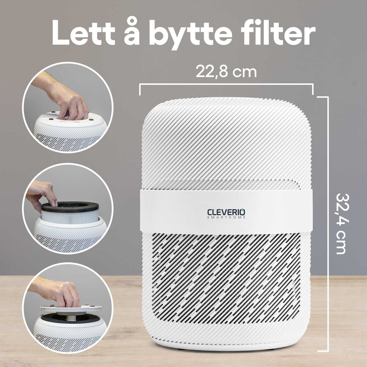 Cleverio luftrenserfilter til hvid SmartHome luftrenser 22,8x32,4 cm med tre indsatser der viser filterudskiftning.