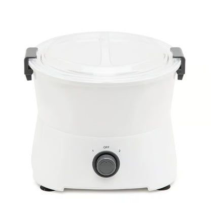 Hvid elektrisk slow cooker med gennemsigtigt låg, sorte håndtag og drejeknap på forsiden med indstillingerne 1, Off og 2.