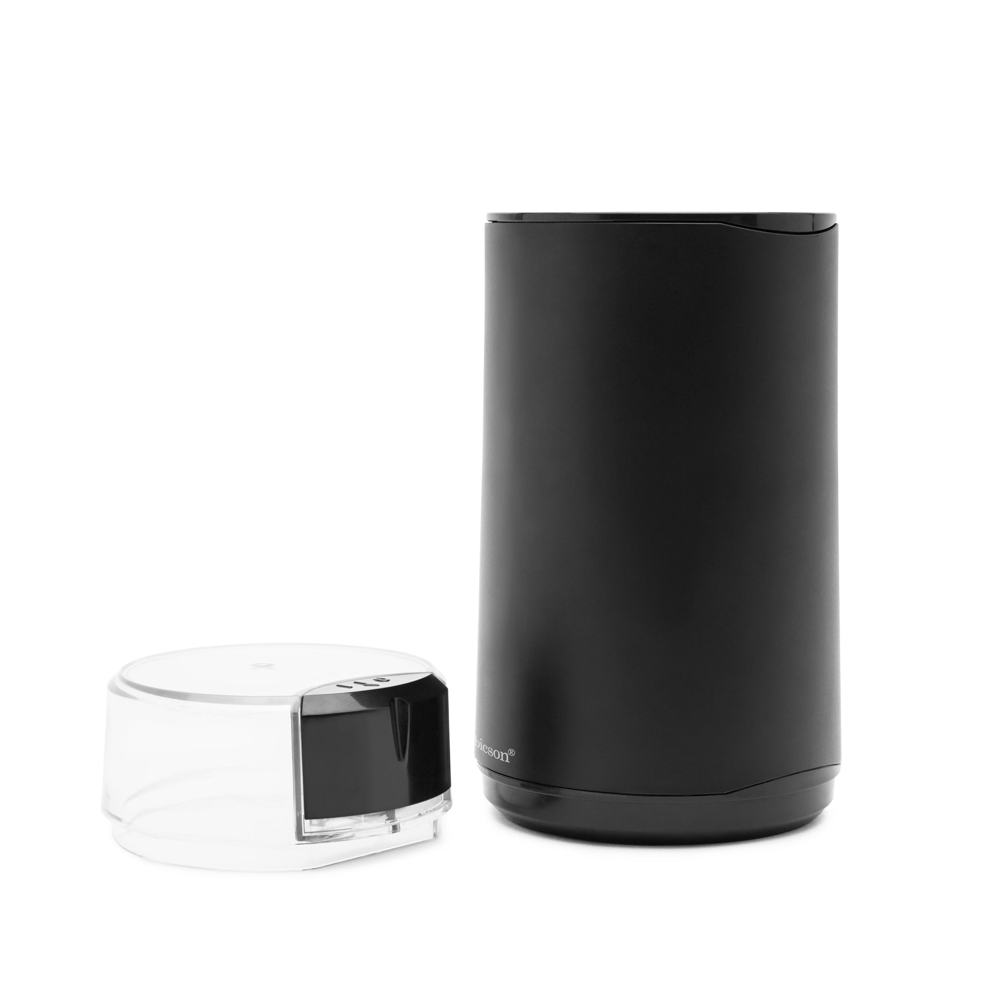 Rubicson kaffe- og krydderimølle i sort cylinderform med transparent beholder, sort låg og rustfrit stål-detaljer.