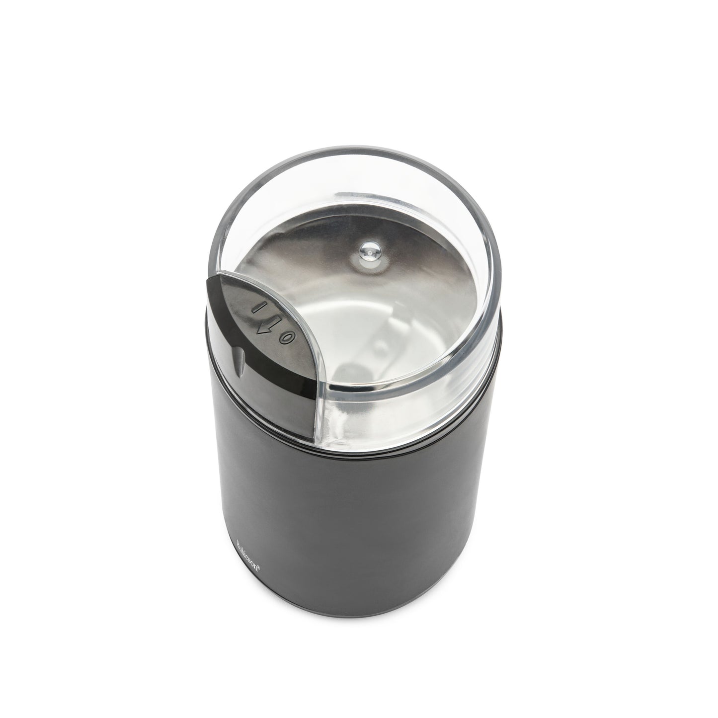 Rubicson kaffe- og krydderimølle sort oppefra med transparent låg og synlige rustfri stålblade.