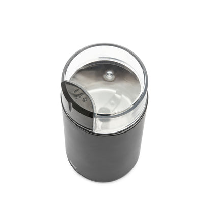 Rubicson kaffe- og krydderimølle sort oppefra med transparent låg og synlige rustfri stålblade.