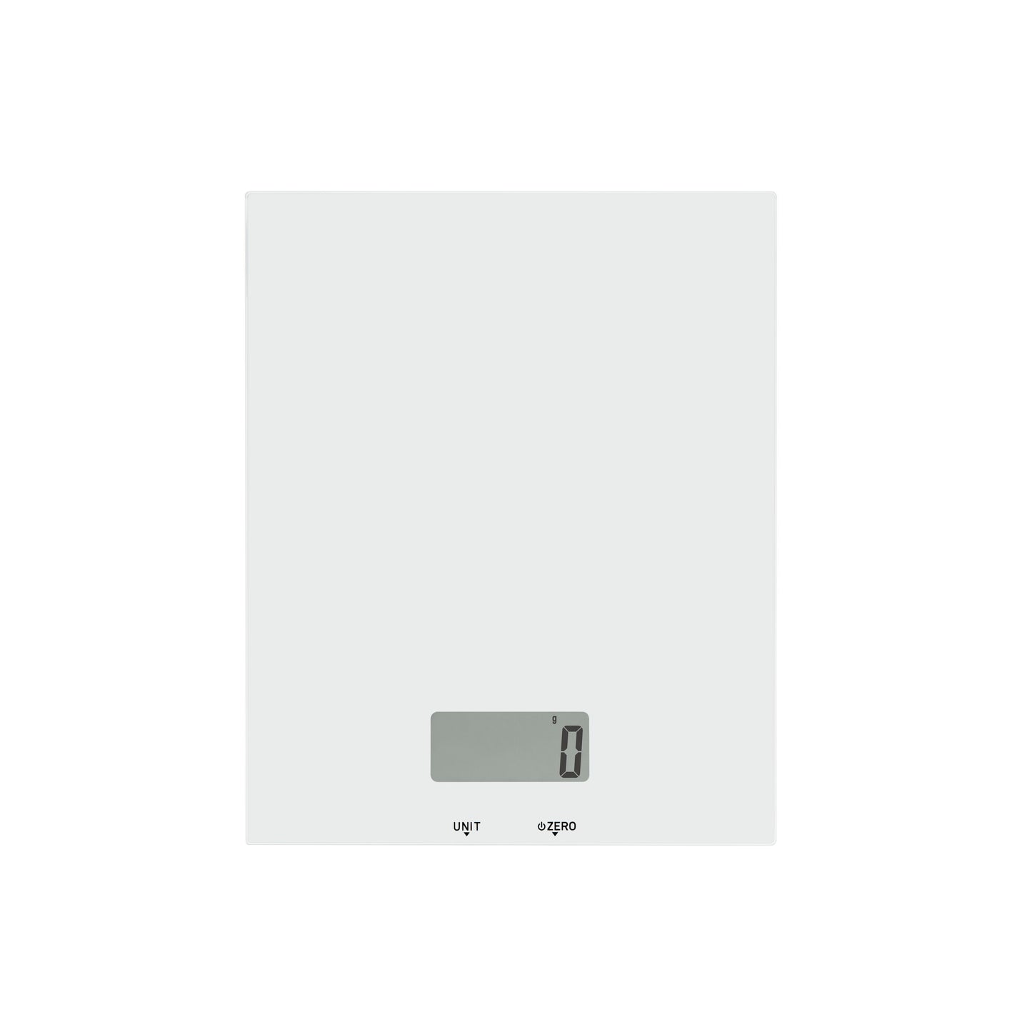 Rubicson digital køkkenvægt hvid med blank overflade, lille rektangulært LCD-display, knapper Unit og Zero, tara-funktion.