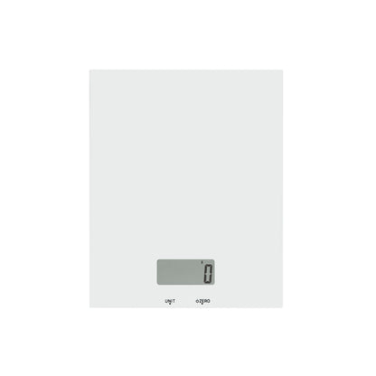 Rubicson digital køkkenvægt hvid med blank overflade, lille rektangulært LCD-display, knapper Unit og Zero, tara-funktion.