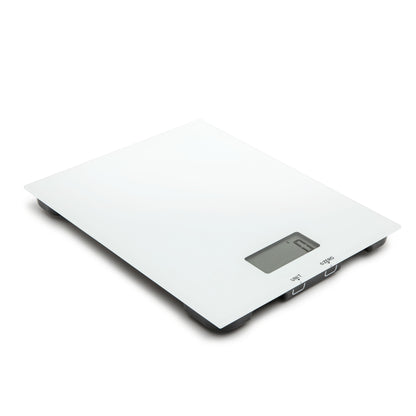 Rubicson køkkenvægt hvid med flad glasoverflade, LCD-display, unit og zero-knapper til præcis vejning og tara-funktion.