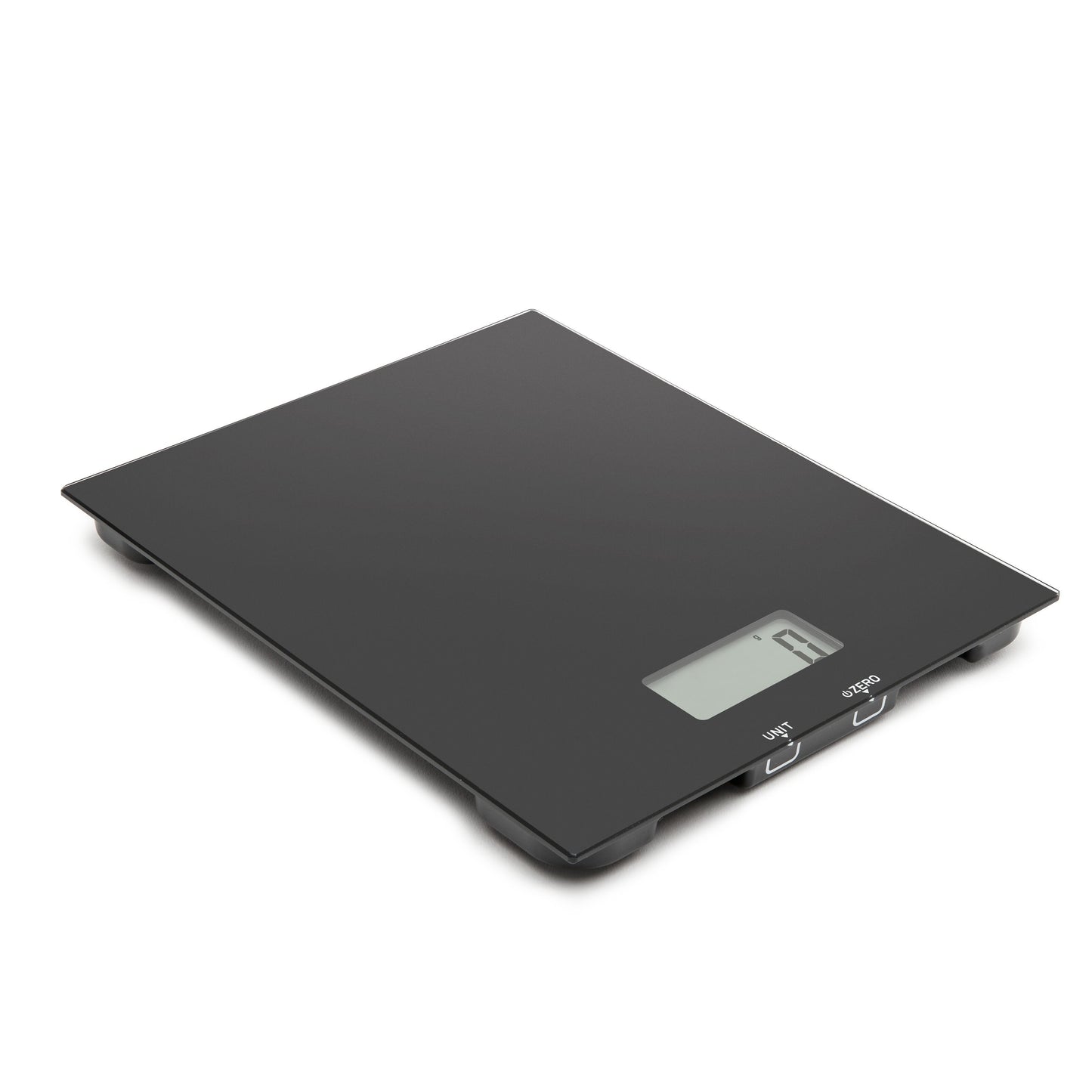 Rubicson digital køkkenvægt sort med lille LCD-display, viser 1 gram, enhedsknap, on/off knap og glasoverflade.