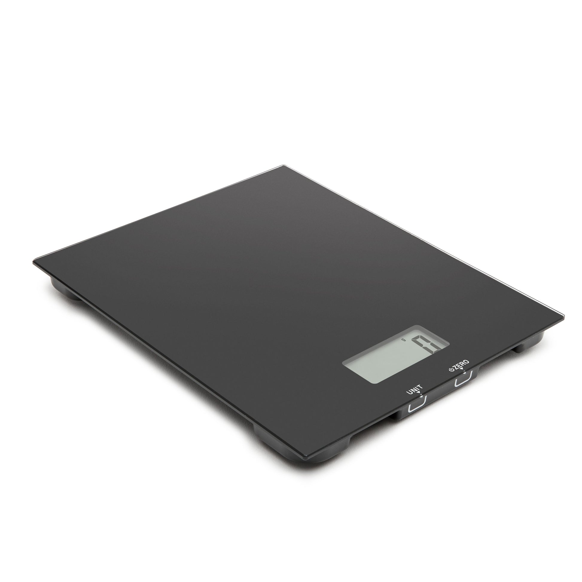 Rubicson digital køkkenvægt sort med lille LCD-display, viser 1 gram, enhedsknap, on/off knap og glasoverflade.