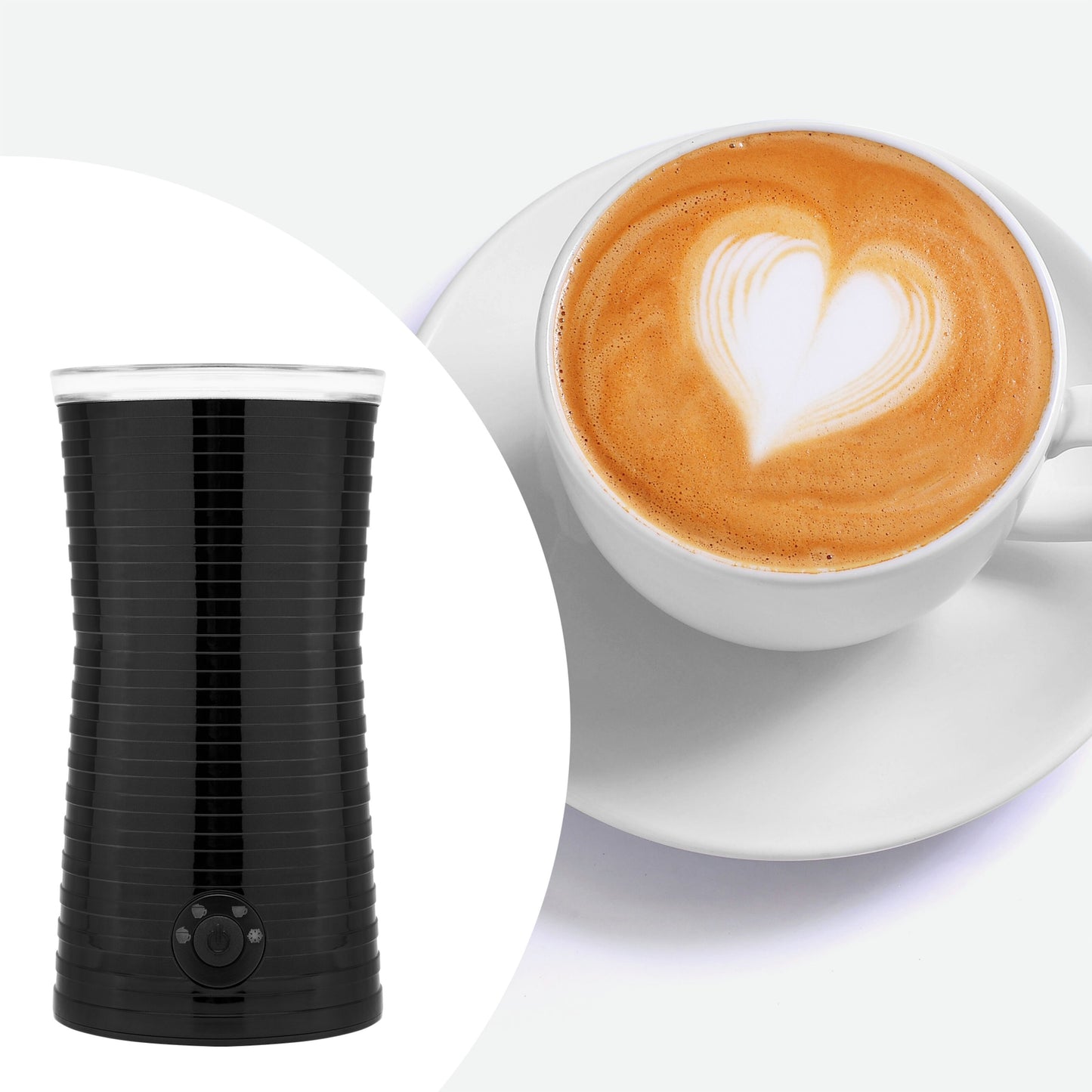 Rubicson mælkeskummer til varm og kold mælk ved siden af cappuccino med hjerteformet latte art på hvid underkop.