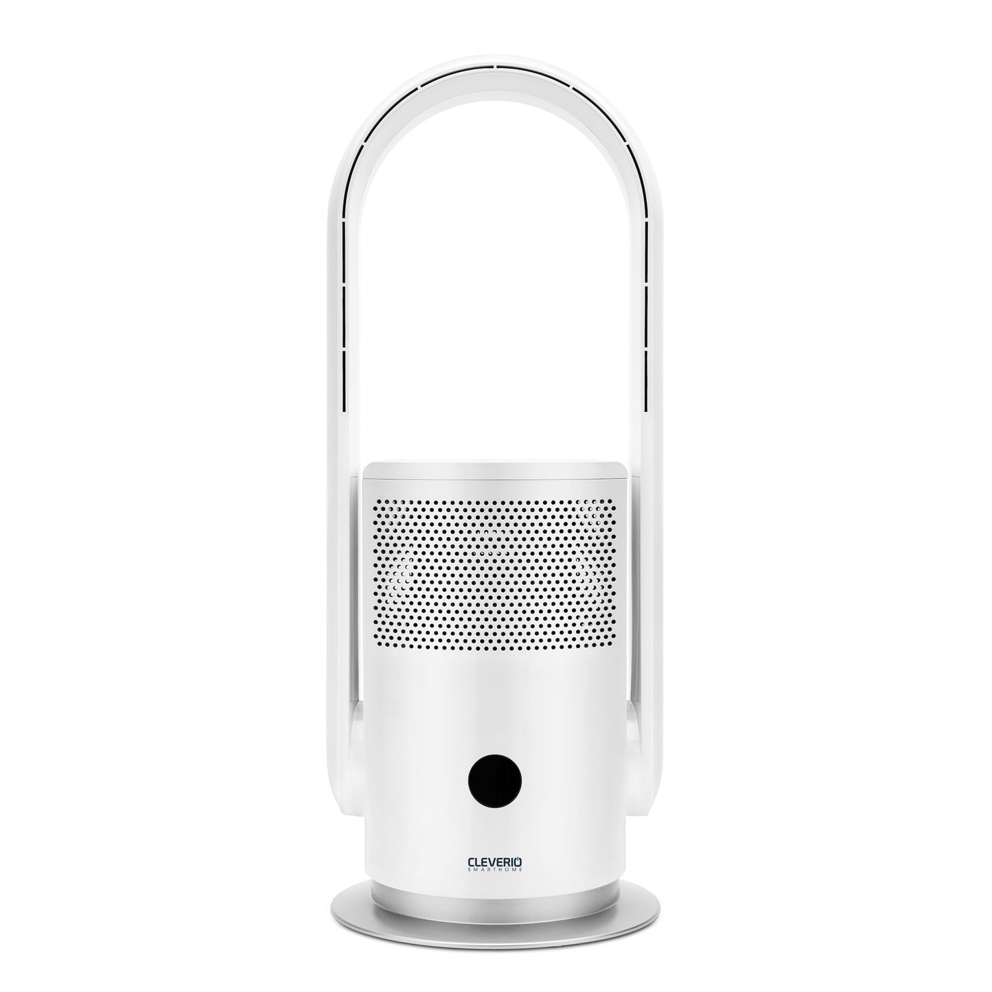 Cleverio AF-F100 gulvventilator med luftfilter, hvid, bladløs, oval top, perforeret luftudtag, rund base, sort frontdisplay.