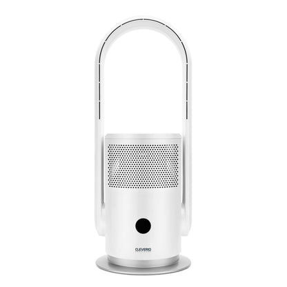 Cleverio AF-F100 gulvventilator med luftfilter, hvid, bladløs, oval top, perforeret luftudtag, rund base, sort frontdisplay.