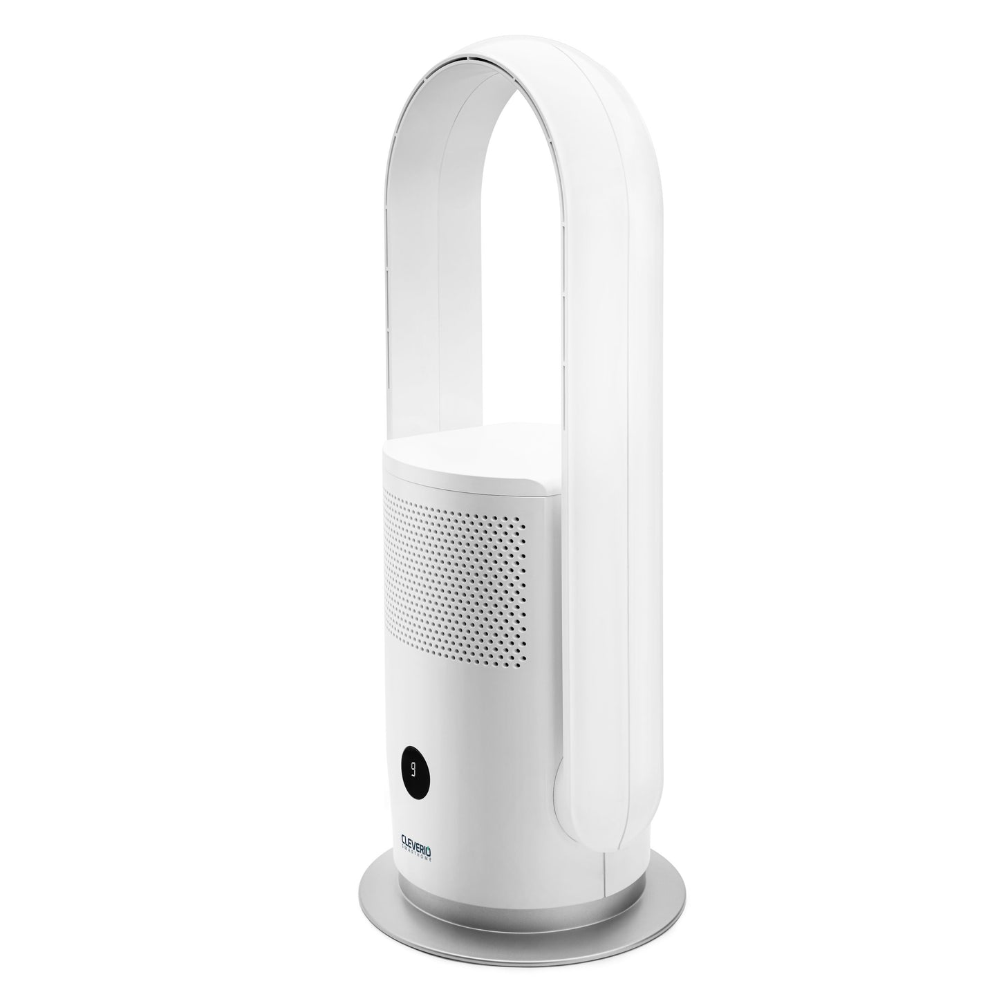 Cleverio AF-F100 gulvventilator med digitalt display, bladløs rund base, HEPA-13 filter og perforeret sektion.
