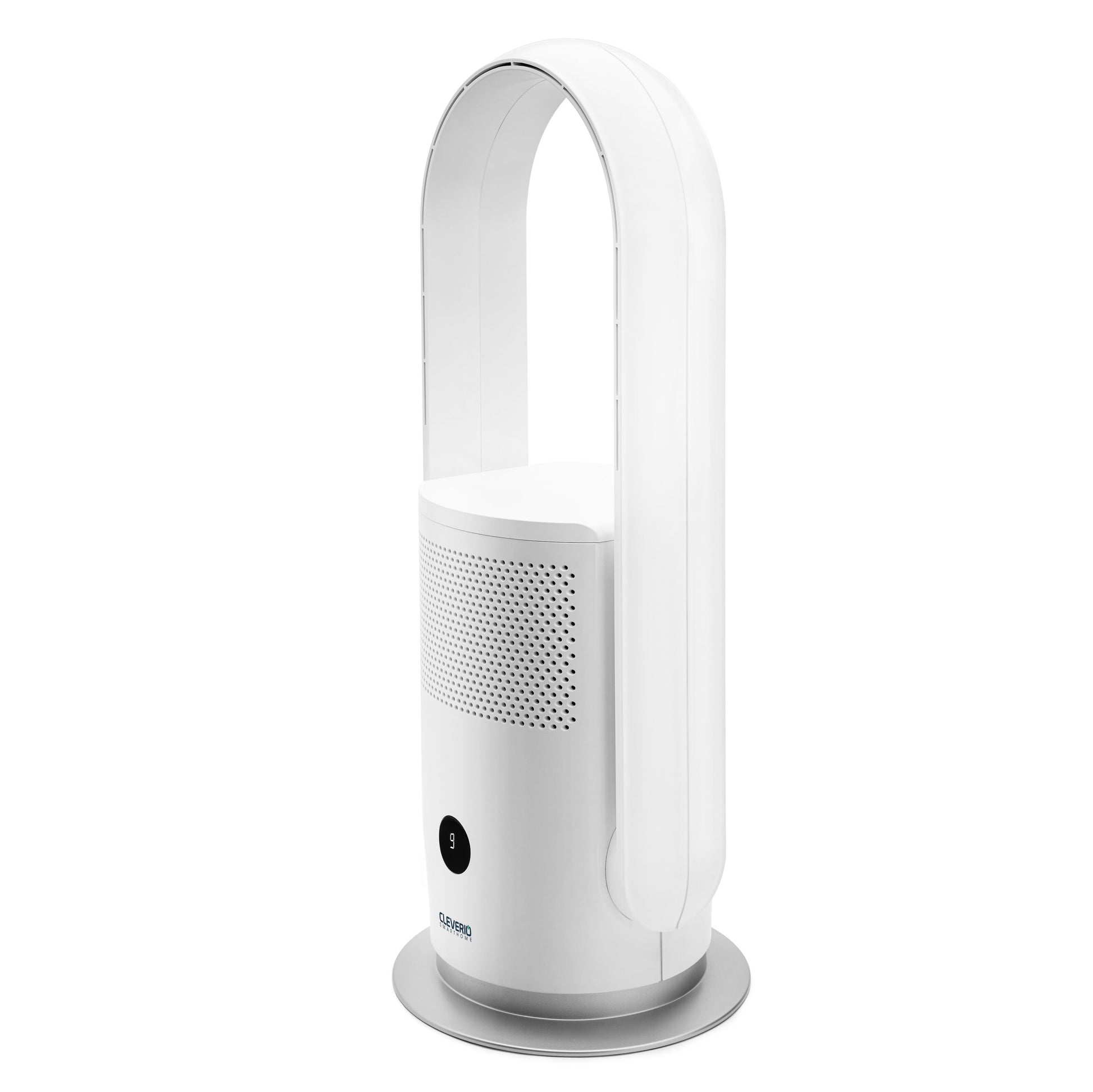 Cleverio AF-F100 gulvventilator med digitalt display, bladløs rund base, HEPA-13 filter og perforeret sektion.
