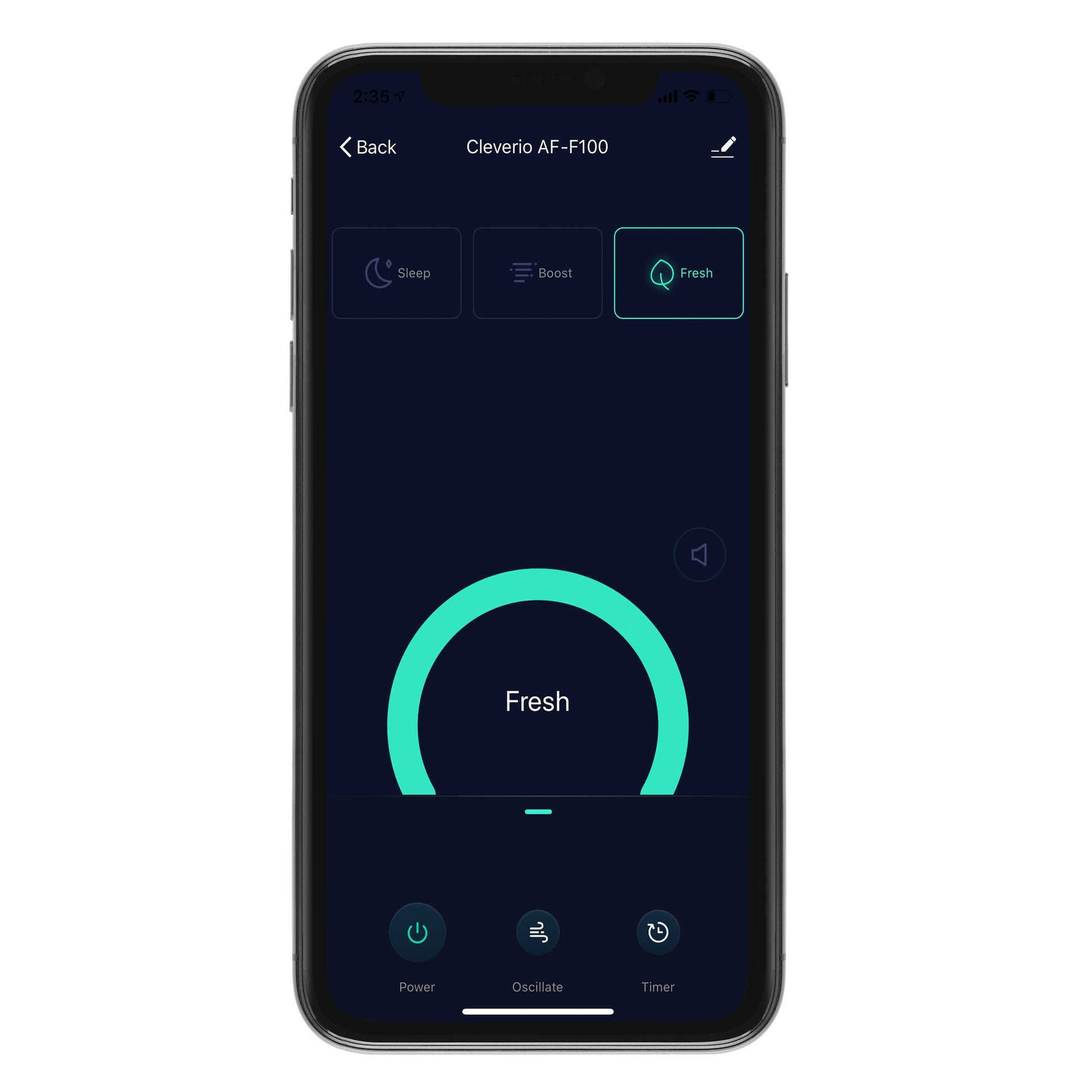 Cleverio AF-F100 gulvventilator med luftfilter, appinterface på smartphone viser mørkt tema og kontrolknapper.