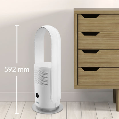 Cleverio AF-F100 gulvventilator med HEPA-13 filter 592 mm ved trækommode med sorte greb på lyst trægulv.