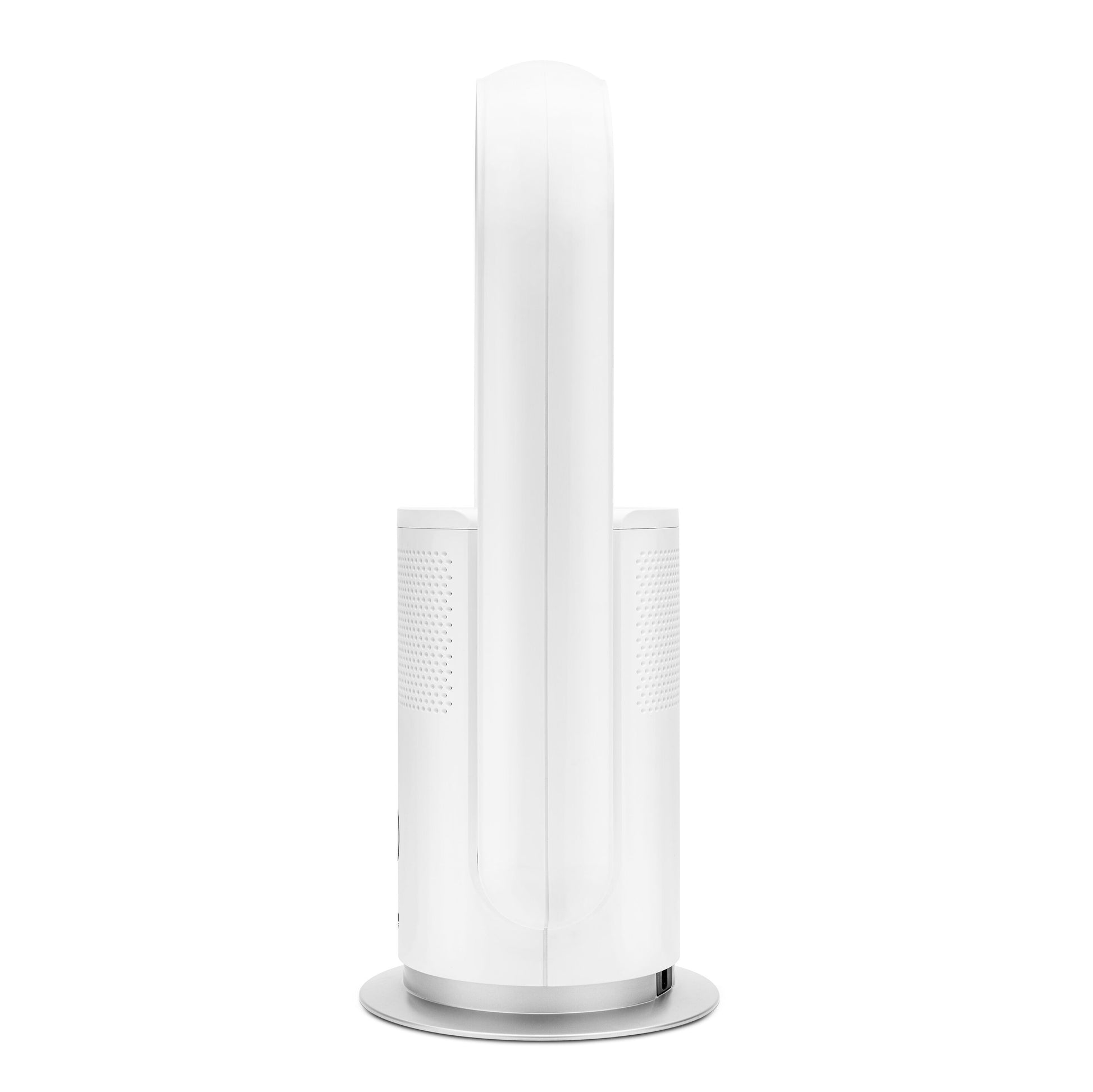 Cleverio AF-F100 gulvventilator, hvid, bladfri, sæt bagfra med rund base og buet design, HEPA-13 luftfilter.