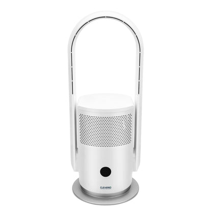 Cleverio AF-F100 gulvventilator hvid, bladløs med bueformet loop, cylindrisk base med gitter, sølv fod, HEPA-13 filter.