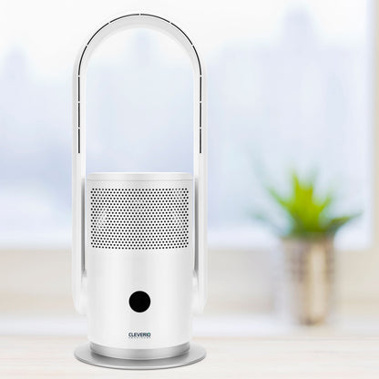 Cleverio AF-F100 gulvventilator med HEPA-13 luftfilter og bladløst design ved vindue og grøn stueplante.