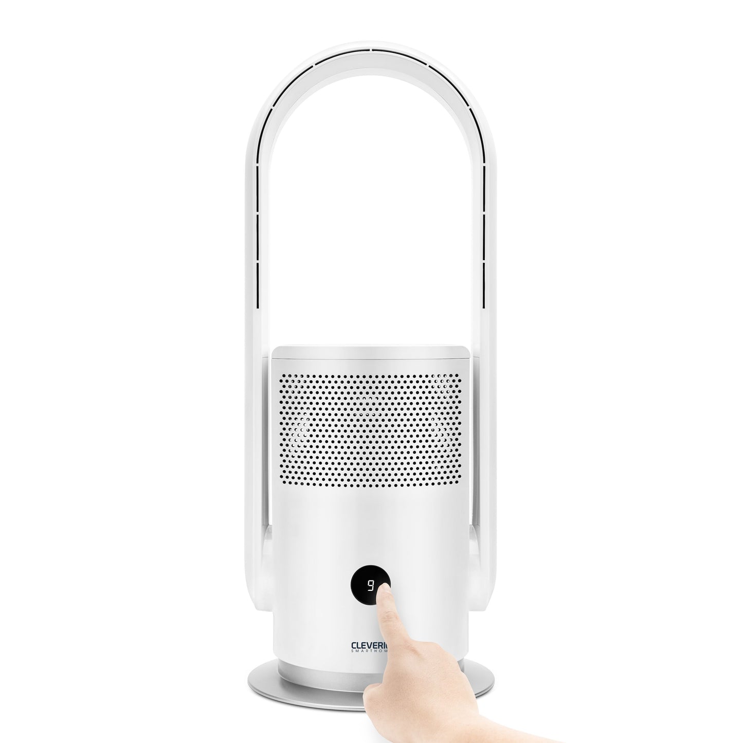 Cleverio AF-F100 gulvventilator med HEPA-13 luftfilter, digitalt display, perforeret front og rund base, hånd trykker tænd-knap.