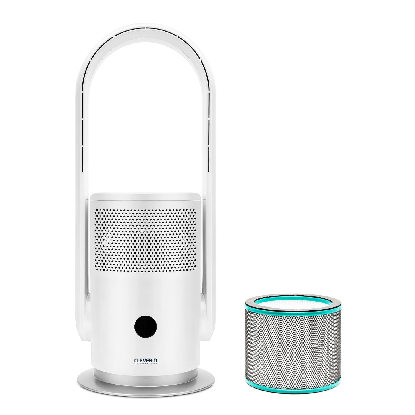Cleverio AF-F100 gulvventilator med bladløst design og HEPA-13 luftfilter, cylindrisk filter med blågrøn kant.