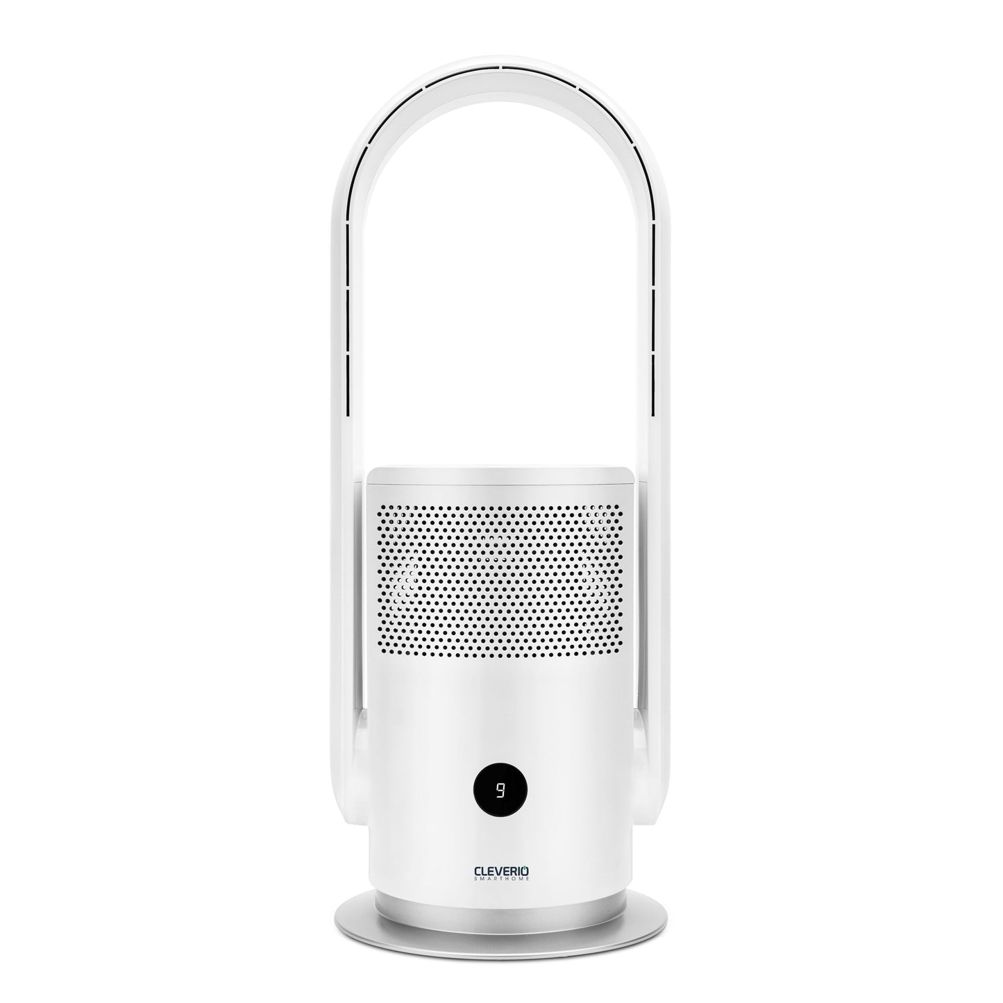Cleverio AF-F100 gulvventilator med luftfilter, bladløs, HEPA-13-filter, perforeret front, digitalt display, rund base.
