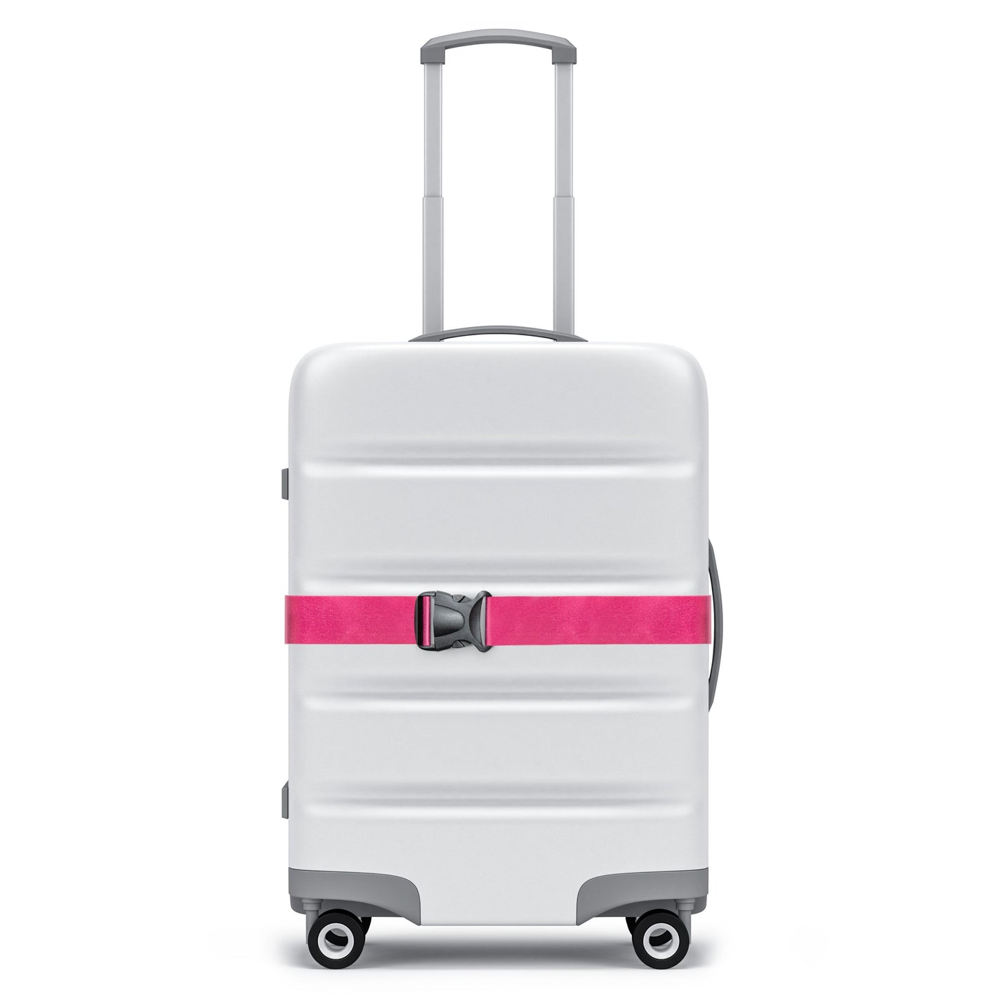 Hvid hardcase-kuffert med grå detaljer, ildhjul, udtrækkeligt håndtag og pink Luxorparts Bagagerem med spænde om midten.