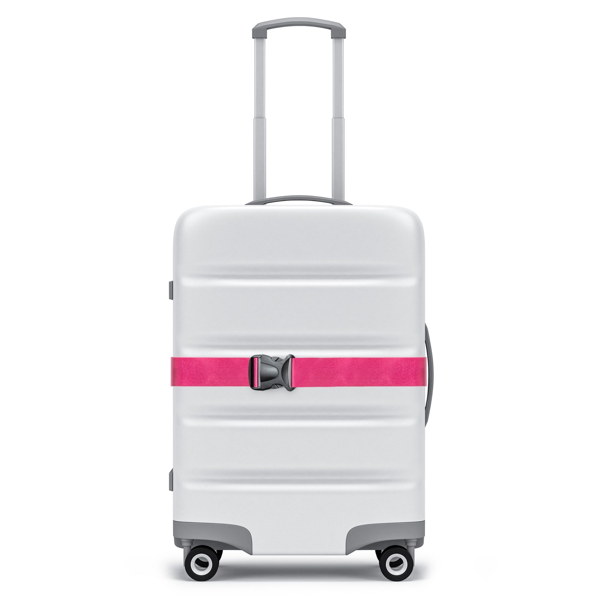 Hvid hardcase-kuffert med grå detaljer, ildhjul, udtrækkeligt håndtag og pink Luxorparts Bagagerem med spænde om midten.