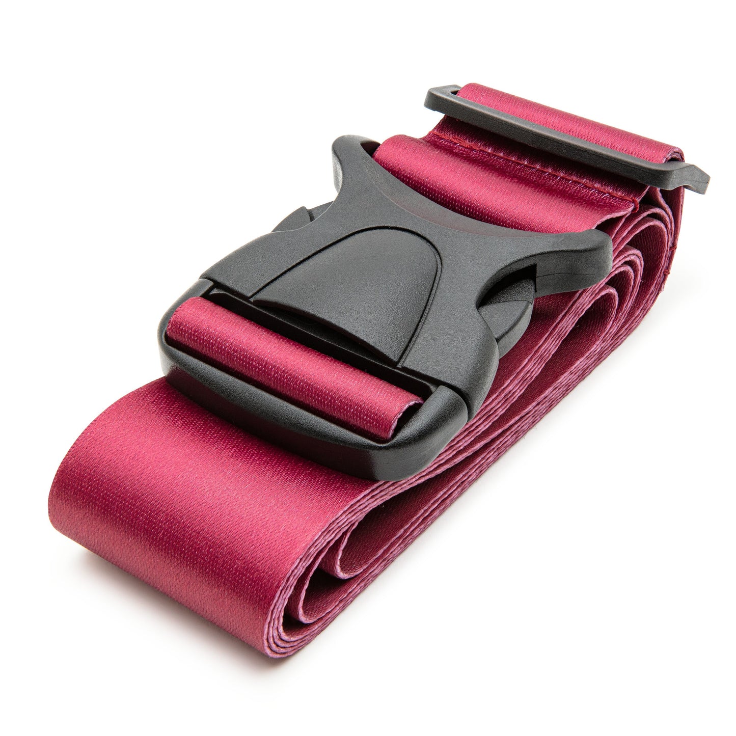 Bagagerem 2-pakke, rullet bordeaux polyester, sorte plastspænder med side-udløsning, justerbare remme.