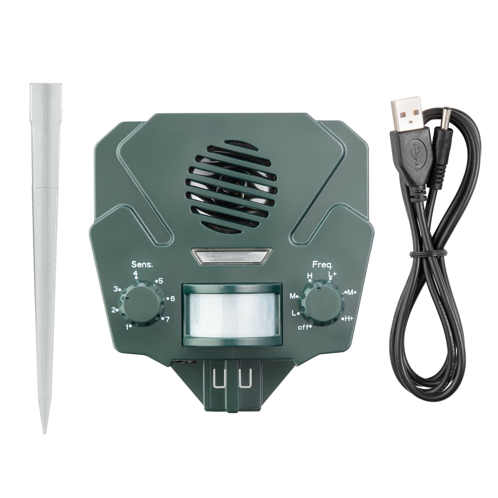 Ultralydsforstyrrelse til dyr grøn med solcellepanel, to drejeknapper, bevægelsessensor, gråt spyd og sort USB-kabel.