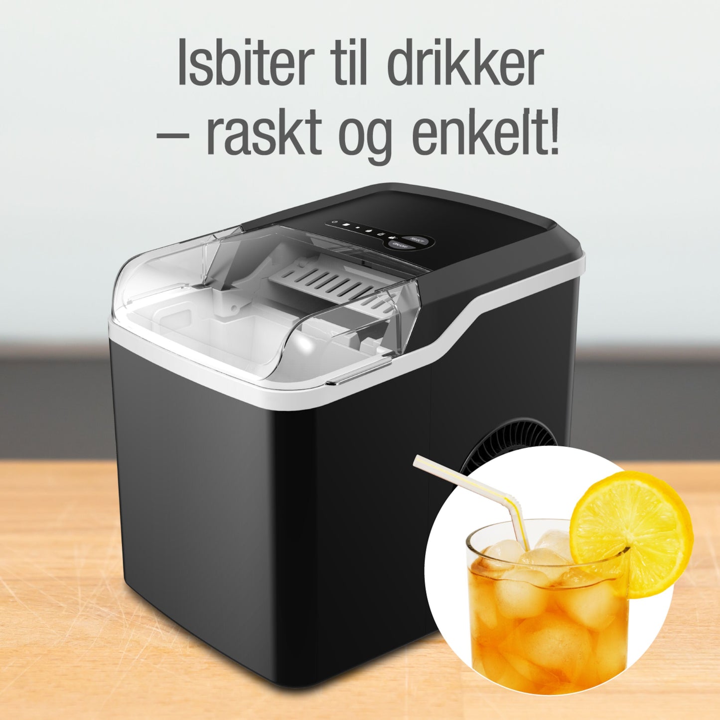 Rubicson ismaskine på træ, isterninger og citron i glas foran, norsk tekst: Isbiter til drikker - raskt og enkelt.