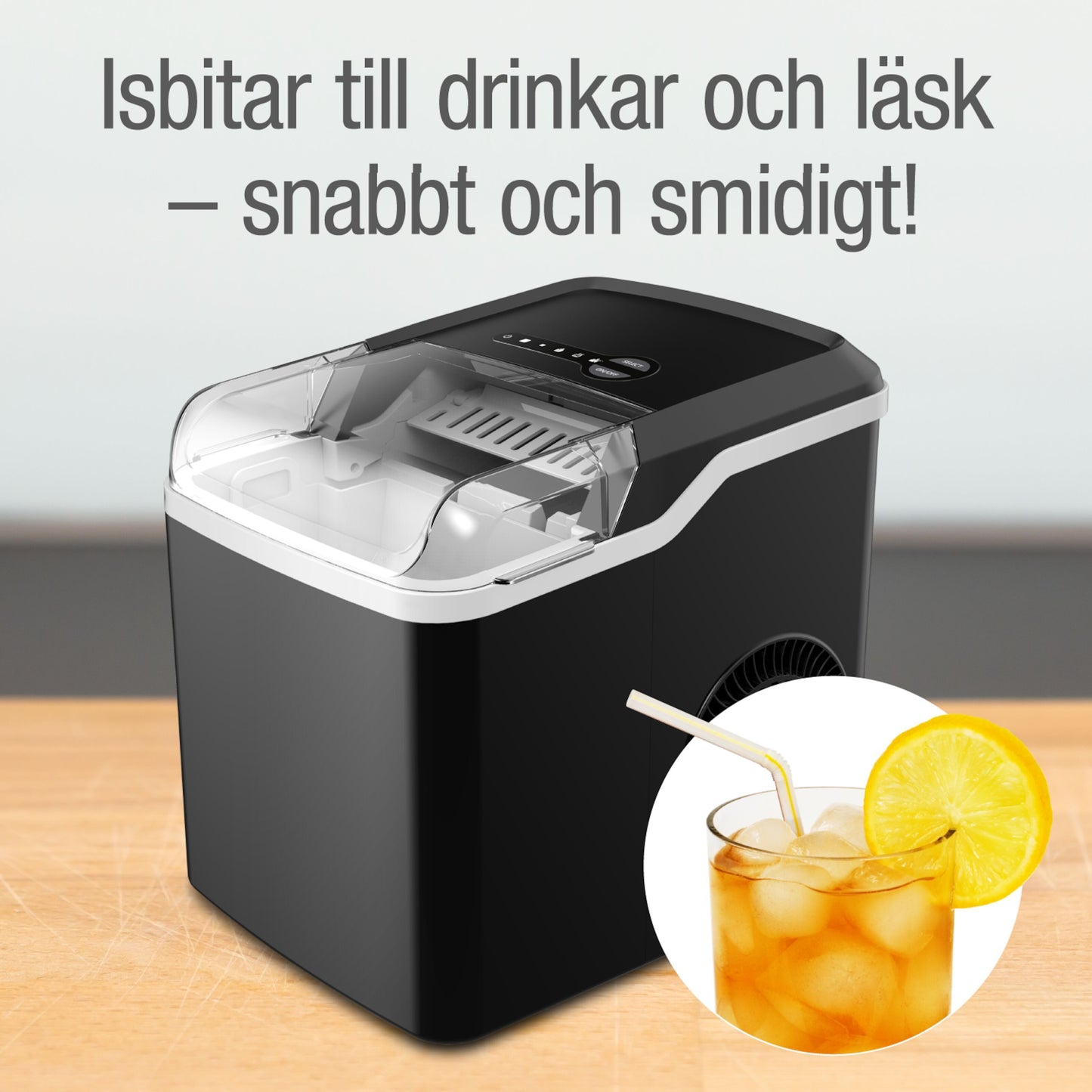 Rubicson ismaskine sort, kompakt, på træbord med svensk tekst over og glas med isterninger, sukkerør og citron.