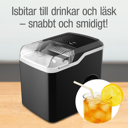 Rubicson ismaskine sort, kompakt, på træbord med svensk tekst over og glas med isterninger, sukkerør og citron.